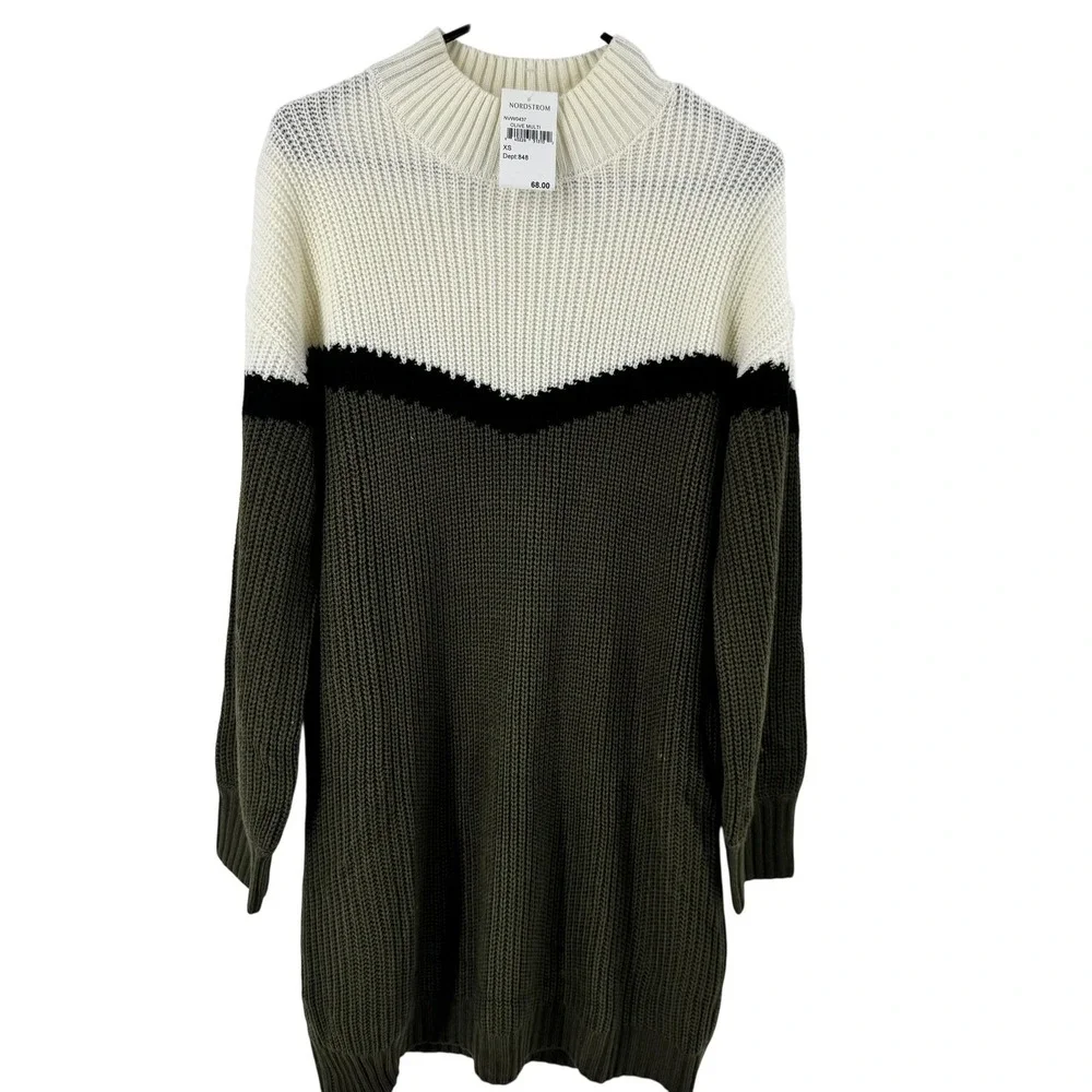 NWT VICI-Nordstrom Colorblock Mock Neck Knit Sweater Dress‎ Olive Cream Black XS - Picture 2 of 13